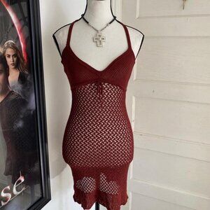 y2k crochet sheer mini halter dress 🤎